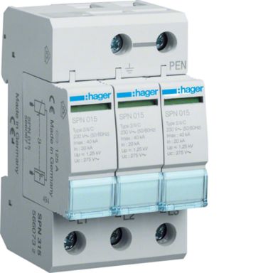 Hager SPN315 Overspenningsvern begrenser restsp. til 1,5 kV