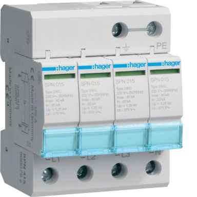Hager SPN415 Overspenningsvern begrenser restsp. til 1,5 kV