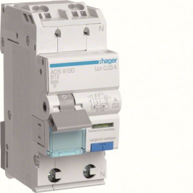 Hager ADS910D Personbeskyttelsesautomat 1-polet, type A, 30 mA, B-karakteristikk