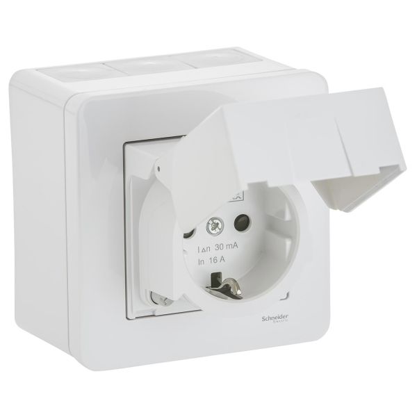 Vägguttag Schneider Electric WDE002979 med jordfelsbrytare, utv, IP44, vit
