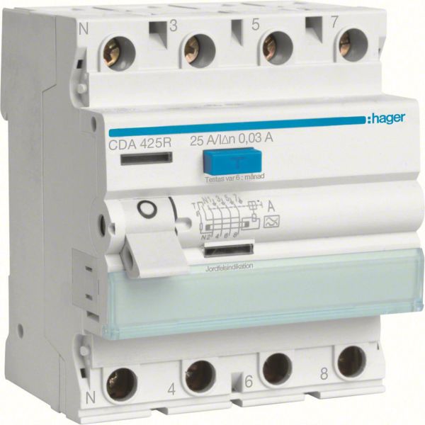 Jordfeilbryter Hager CDA425R 4-polet, 30 mA, A 25A