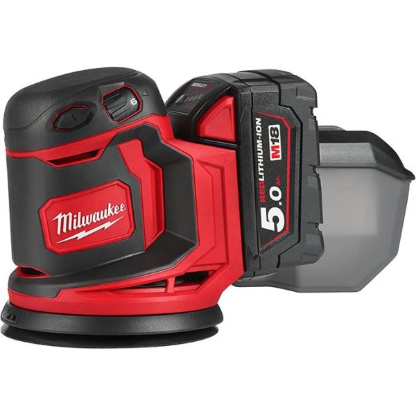 Epäkeskohiomakone Milwaukee M18 BOS125-502B sis. 5,0 Ah:n akut ja laturin
